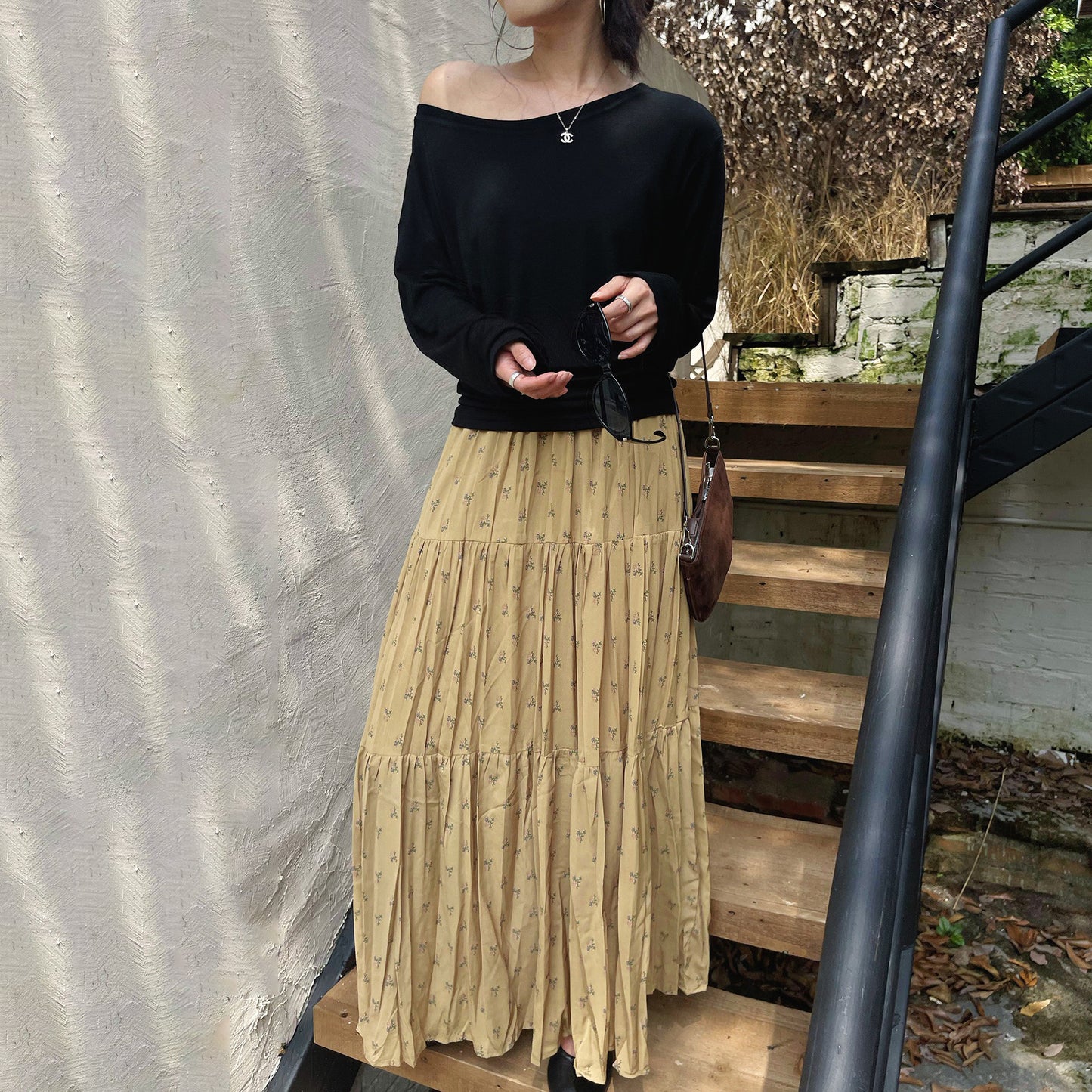 【ボトムス】初秋新作 レトロ ハイウエスト ゆったり見え スリム効果 切り替え シフォン 花柄スカート【SHシリーズ】