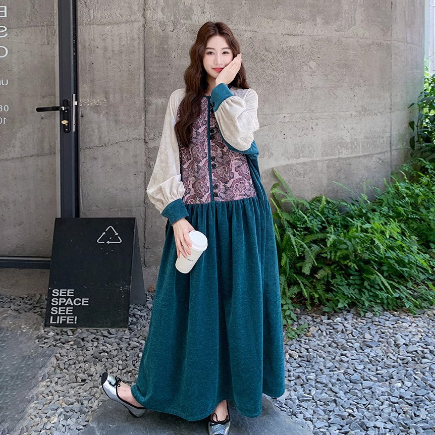 【ワンピース】高級感 プリント切り替えベルベット長袖ワンピース レディース 春秋冬 フレンチエレガントロングドレス【SHシリーズ】