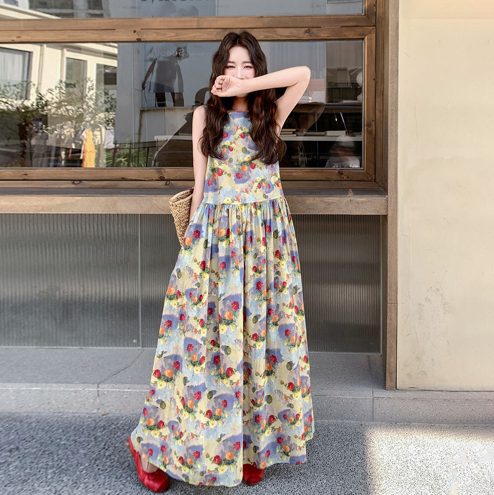 【ワンピース】夏 バカンス風 ロマンティック ドーパミン フラワープリント ノースリーブワンピース【SHシリーズ】