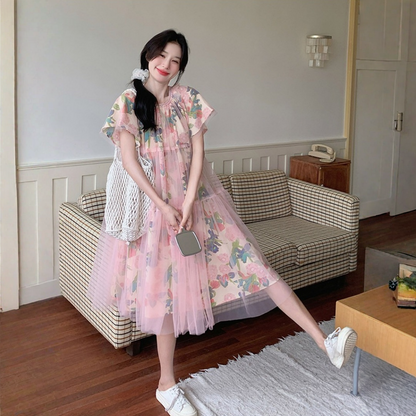【ワンピース】プリント ゆったり お腹周りカバー  ロマンティック チュールワンピース 【SHシリーズ】