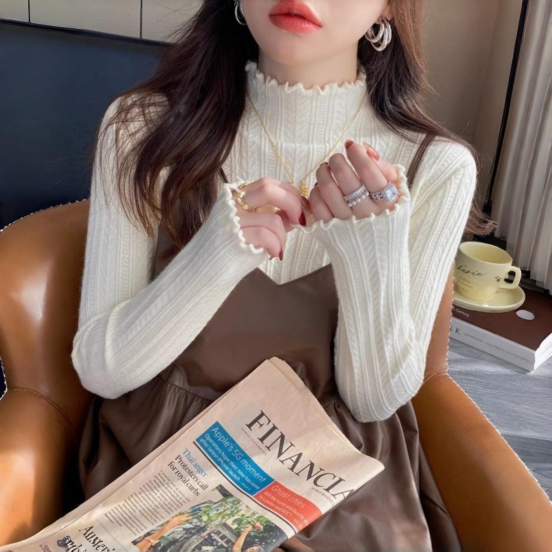 【60%OFF⭐️早い者勝ち】【トップス】マストハブ！シンプル＆万能 フリル付き リブニット インナーＴシャツ コーデ No.1【JZシリーズ】