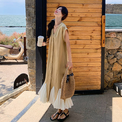 【ワンピース】大人可愛いコットンリネンマーメイド ノースリーブワンピース ゆったり高見えシルエット【JZシリーズ】