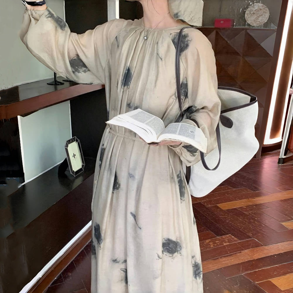 【ワンピース】春秋 レトロ 気質よい プリント シャーリング 着痩せ 長袖ワンピース