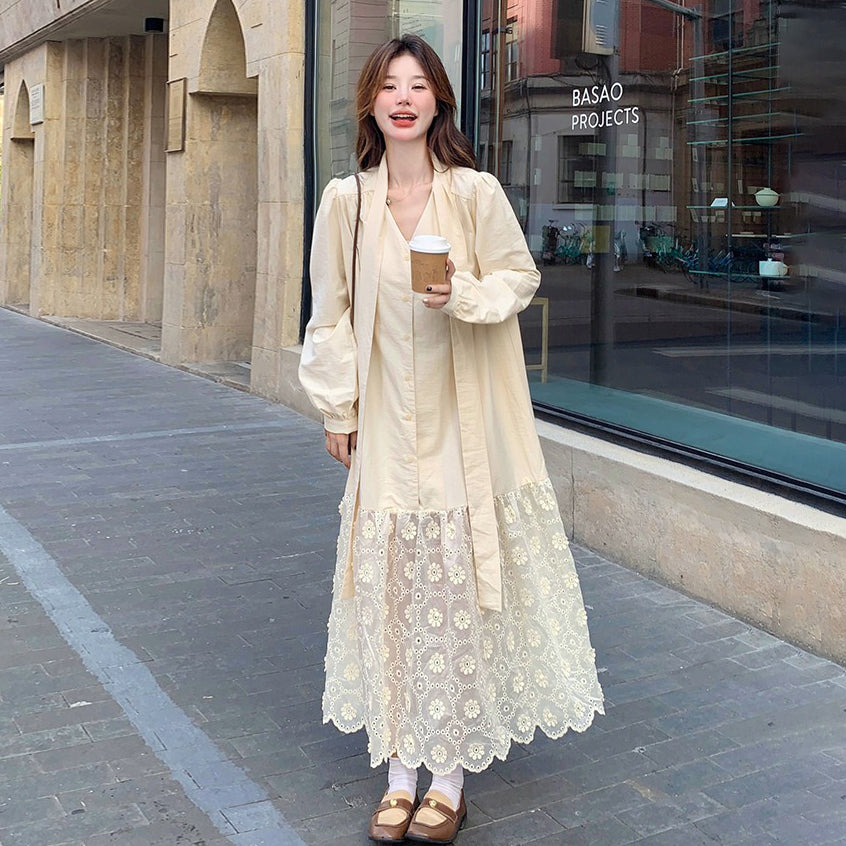 【ワンピース】フレンチエレガント レース切替 長袖ワンピース レディース デザイン性 優しげムード リボン付きロングドレス【JZシリーズ】