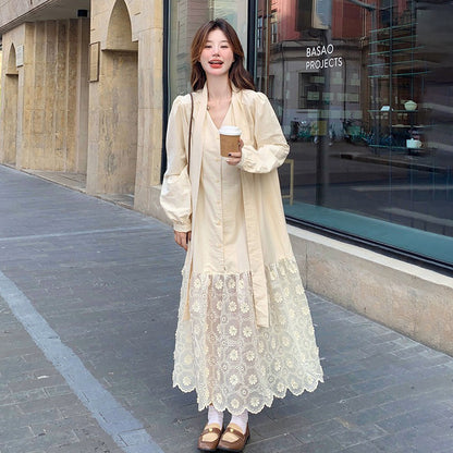 【ワンピース】フレンチエレガント レース切替 長袖ワンピース レディース デザイン性 優しげムード リボン付きロングドレス【JZシリーズ】