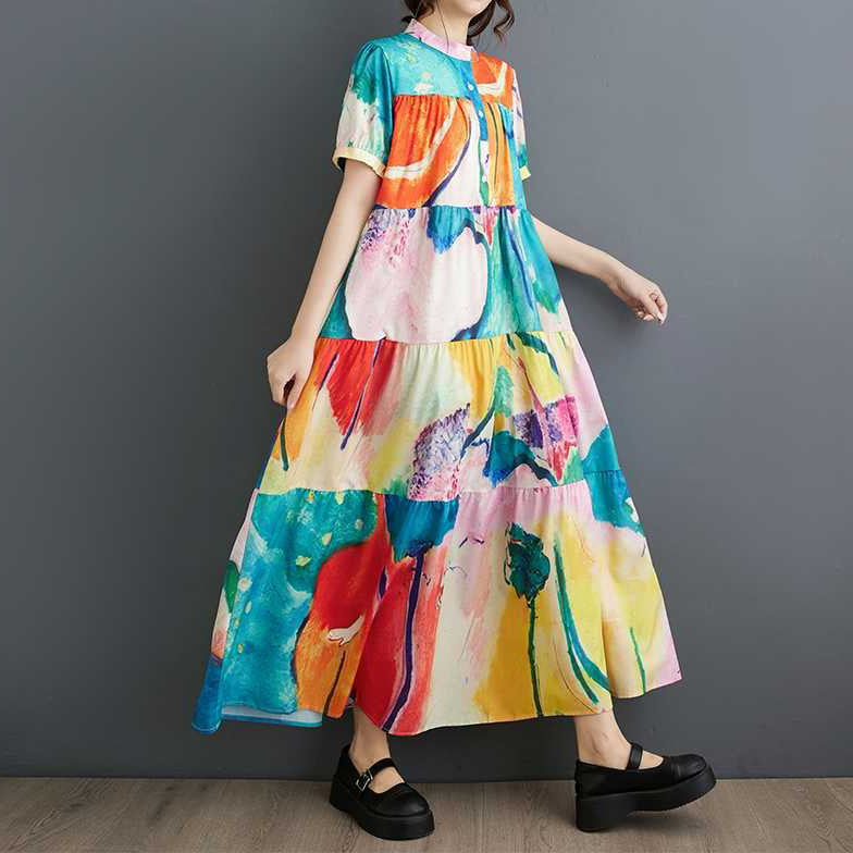 【ワンピース】韓国風ゆったりサイズ 半袖プリントシャツワンピース｜体型カバー◎涼しげなミディ丈【SHシリーズ】