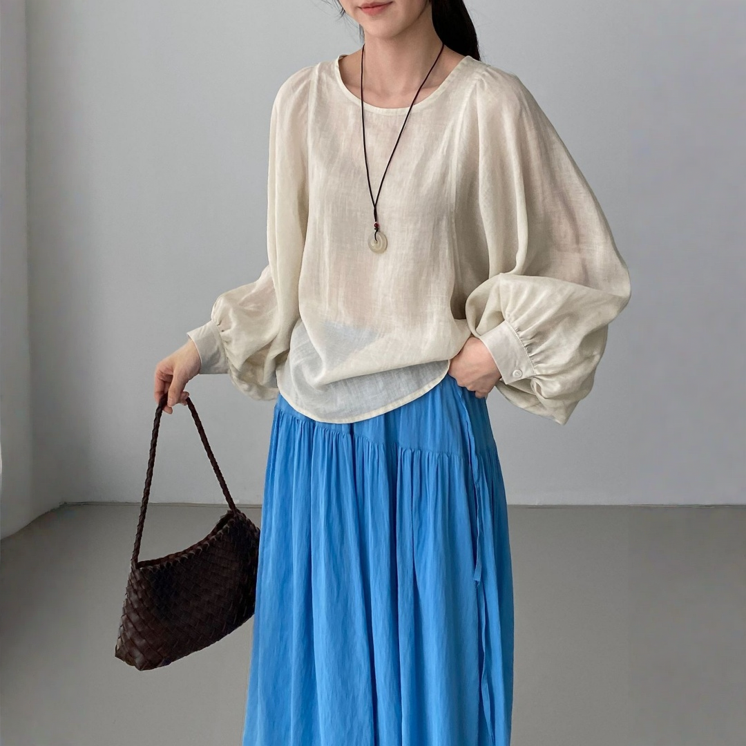 期間限定⭐️60%OFF【トップス】クールな雰囲気 テンセル ほんのり透け感 ラミー バルーンスリーブ シャツ 【JZシリーズ】