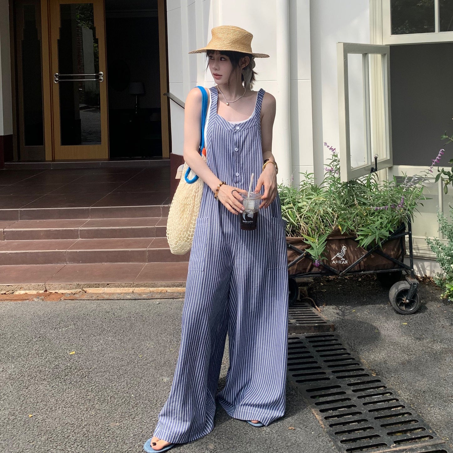 【ボトムス】夏新作 ゆるさ満点 オーバーサイズ ストライプキャミサロペット リラックスコーデ オールインワン【SHシリーズ】