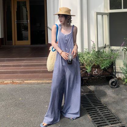 【ボトムス】夏新作 ゆるさ満点 オーバーサイズ ストライプキャミサロペット リラックスコーデ オールインワン【SHシリーズ】