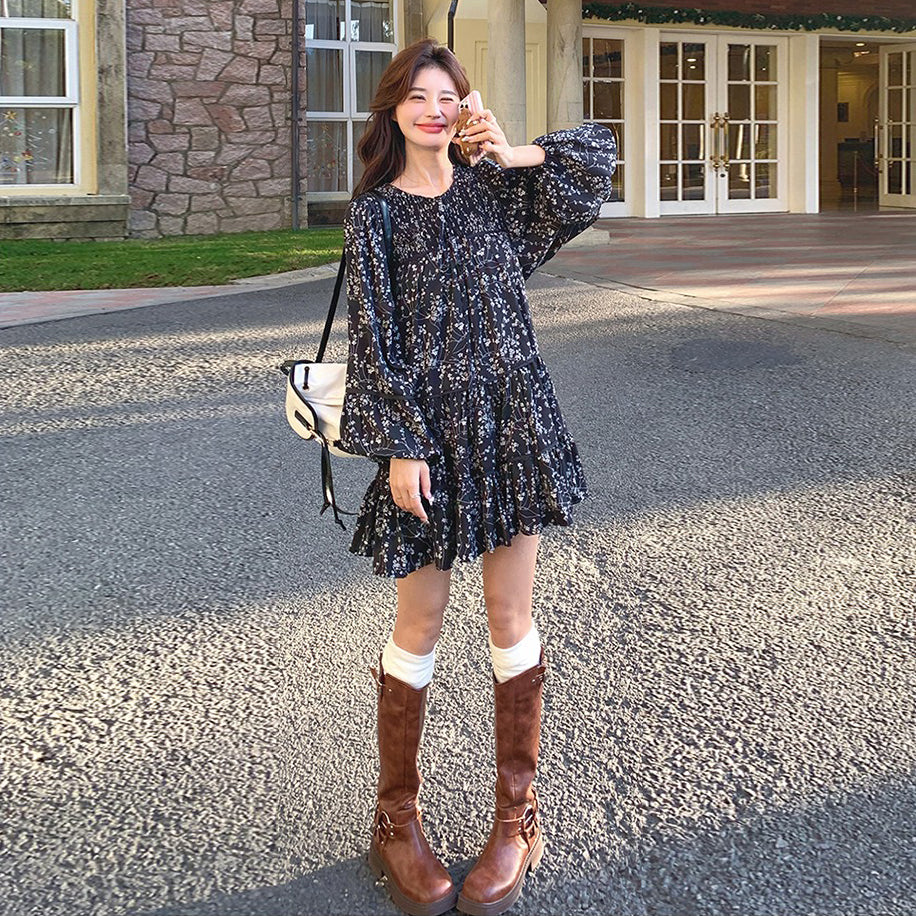 【ワンピース】レトロ ブラック花柄 長袖ワンピース レディース 春秋 ドールワンピース Aライン 大人可愛い 上品【SHシリーズ】