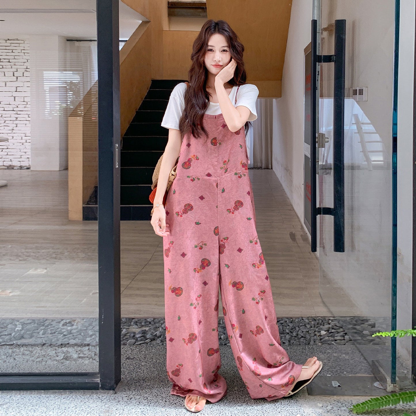2点セット！【セットアップ】韓国風 サロペットセット レディース 夏 プリント柄 Tシャツ 上下セット カジュアル【SHシリーズ】