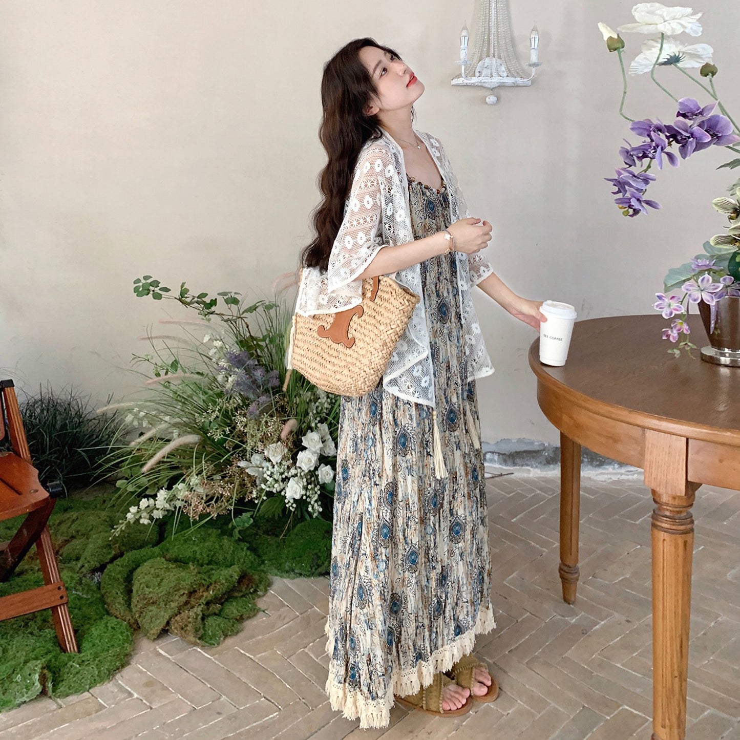 【ワンピース】レースショール付き！フレンチ風プリントノースリーブワンピース・夏のバカンスコーデ【SHシリーズ】