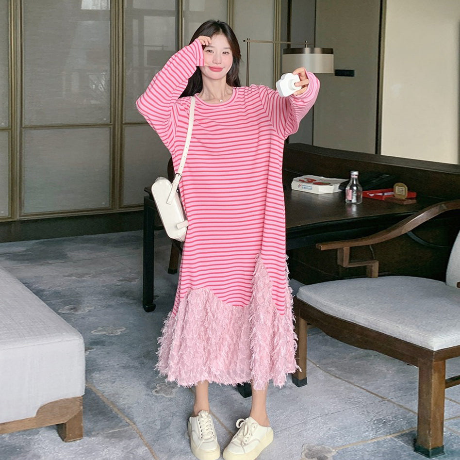 【ワンピース】トレンド切り替え ピンクストライプ 長袖ワンピース  フェイクレイヤード マーメイドスカート カジュアル スウェットワンピ 【SHシリーズ】