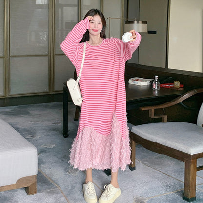 【ワンピース】トレンド切り替え ピンクストライプ 長袖ワンピース  フェイクレイヤード マーメイドスカート カジュアル スウェットワンピ 【SHシリーズ】