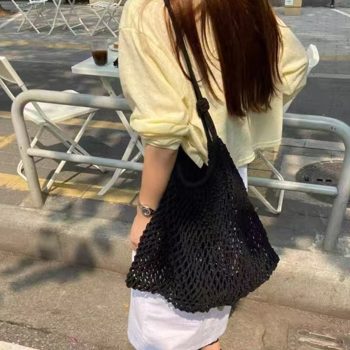 【バッグ】海辺バカンス 透かし編みストローバッグ 大容量編みバッグ カジュアルショルダーバッグ