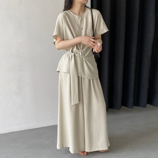 2点セット！【セットアップ】高級感オールドマネースタイル トップス＋ハイウエストワイドパンツ 上下セット レディース 夏 ウエストリボン【JZシリーズ】