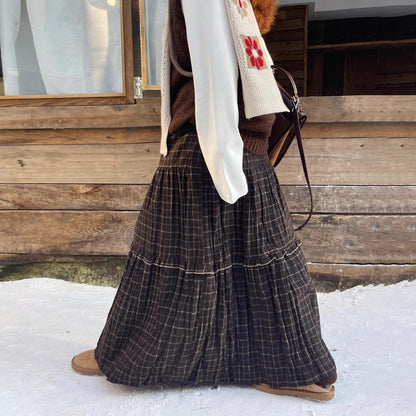 【ボトムス】チェック柄 フレアロングスカート 裏起毛 秋冬 新作 レトロ 細見え【SHシリーズ】