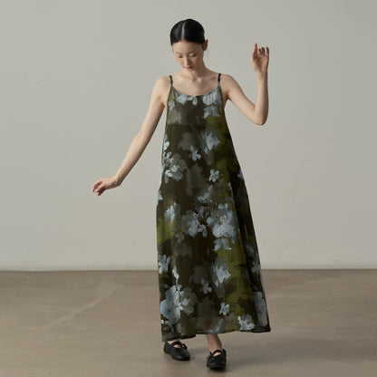 【ワンピース】ワンピース レディース 水墨花柄 シフォン キャミワンピース ノースリーブ ロング丈 リゾート風 上品 細見え ゆったり【JZシリーズ】【SHシリーズ】【10～15日内発送】