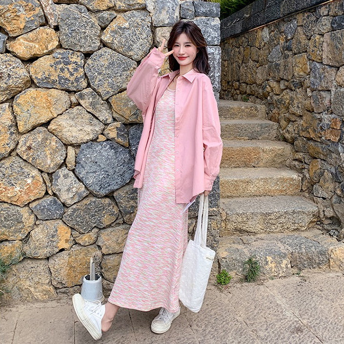 2点セット！【セットアップ】後ろリボンシャツ＋ピンクボーダー ニットノースリーブワンピース 2点セット 春秋 韓国系 おしゃれ可愛い レディースコーデ【SHシリーズ】