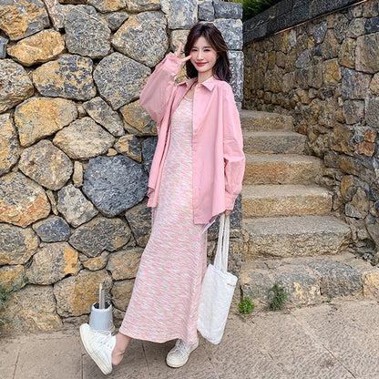 2点セット！【セットアップ】後ろリボンシャツ＋ピンクボーダー ニットノースリーブワンピース 2点セット 春秋 韓国系 おしゃれ可愛い レディースコーデ【SHシリーズ】