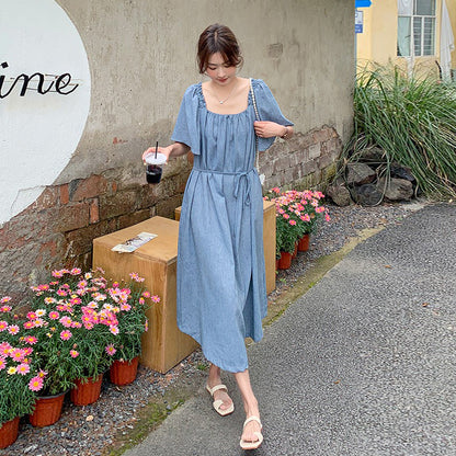 【ワンピース】夏 個性的で美しい スクエアネック 半袖ワンピース レディース 若見え リラックス感 ゆったりロングワンピース【SHシリーズ】