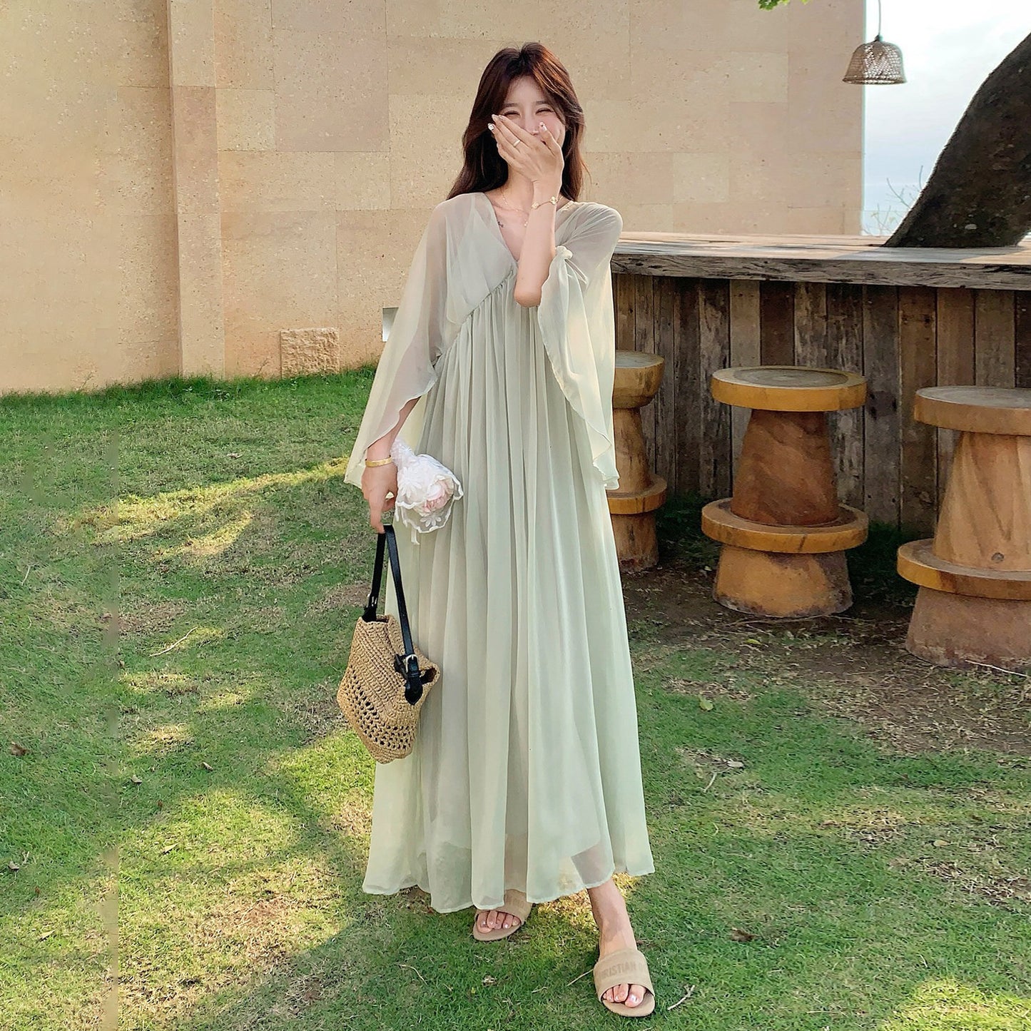 インナーキャミ付き！【ワンピース】フレンチノースリーブワンピース レディース 夏新作 リゾート風 こなれ感 ゆったり きれいめ【SHシリーズ】