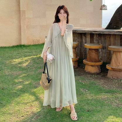 インナーキャミ付き！【ワンピース】フレンチノースリーブワンピース レディース 夏新作 リゾート風 こなれ感 ゆったり きれいめ【SHシリーズ】