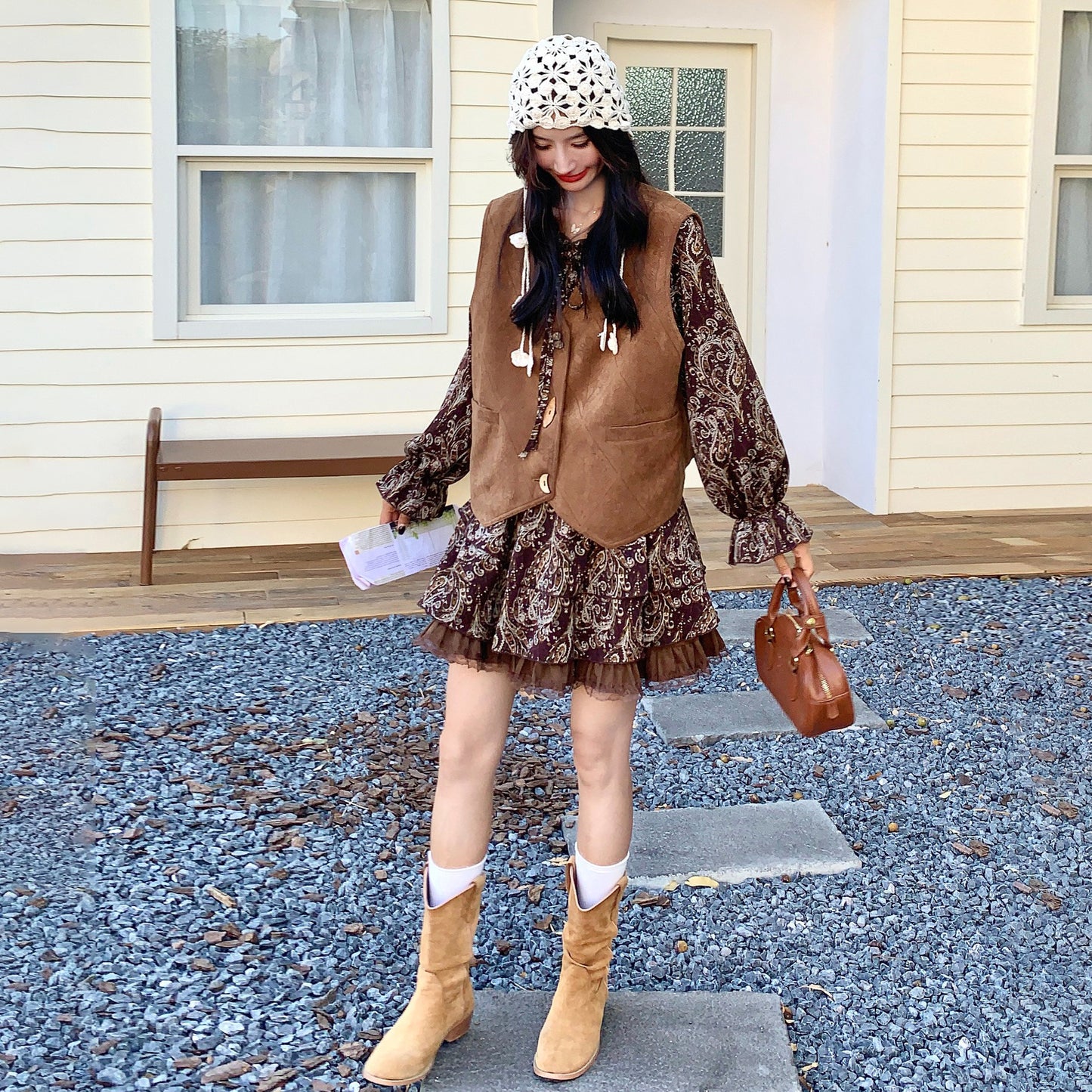 2点セット！【セットアップ】フレンチレトロ メラード 秋新作 おしゃれ  花柄 長袖ワンピース+ベスト セット【SHシリーズ】