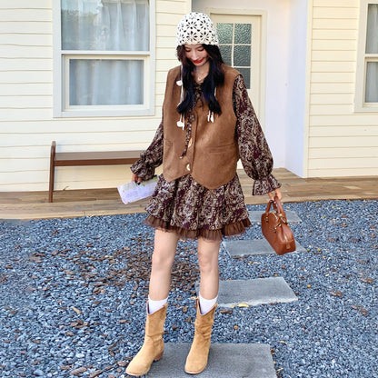 2点セット！【セットアップ】フレンチレトロ メラード 秋新作 おしゃれ  花柄 長袖ワンピース+ベスト セット【SHシリーズ】