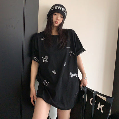 【トップス】カートゥーン刺繍Tシャツ レディース 夏 ルーズフィット 半袖 カジュアル【FCシリーズ】