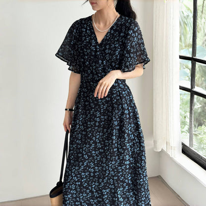 【ワンピース】夏 Vネック ウエストリボン 花柄 半袖 ワンピース 【SHシリーズ】