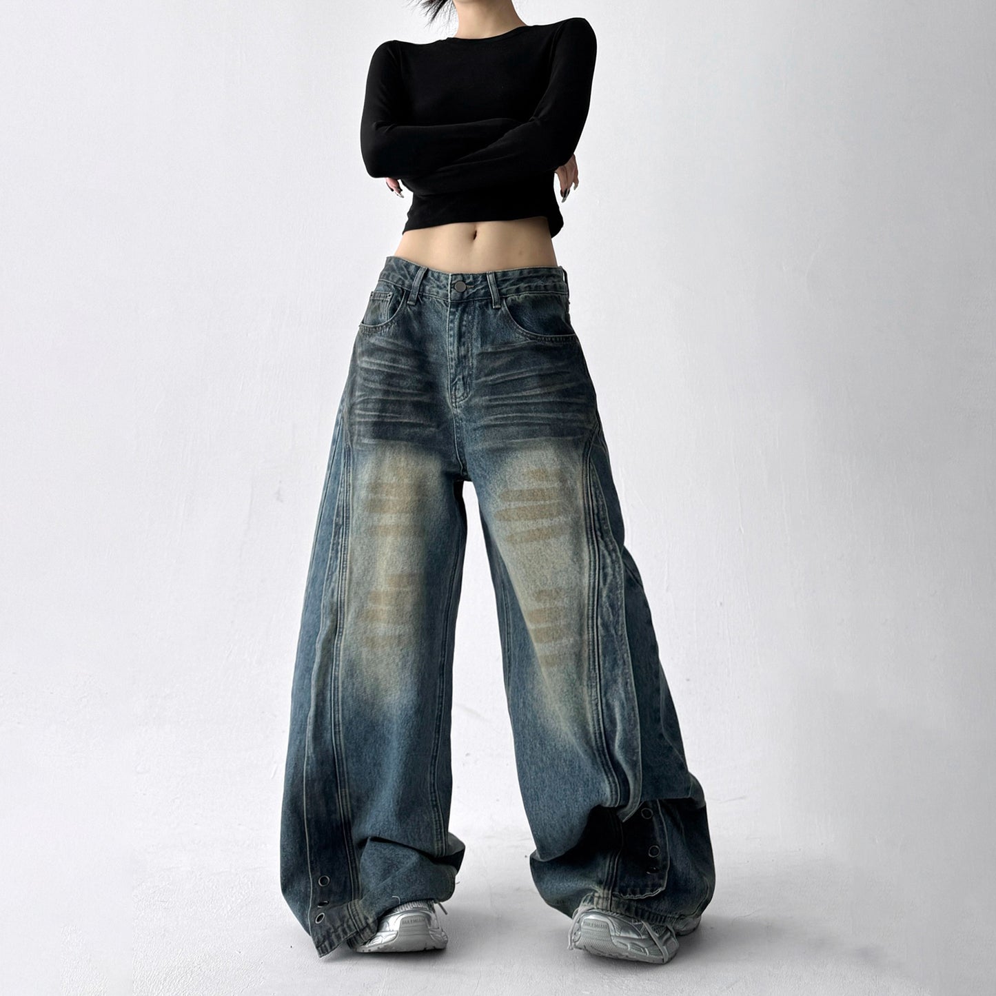 【ボトムス】デニム ハイウエスト ジーンズ 春秋 レディース ワイドストリートパンツ【FCシリーズ】