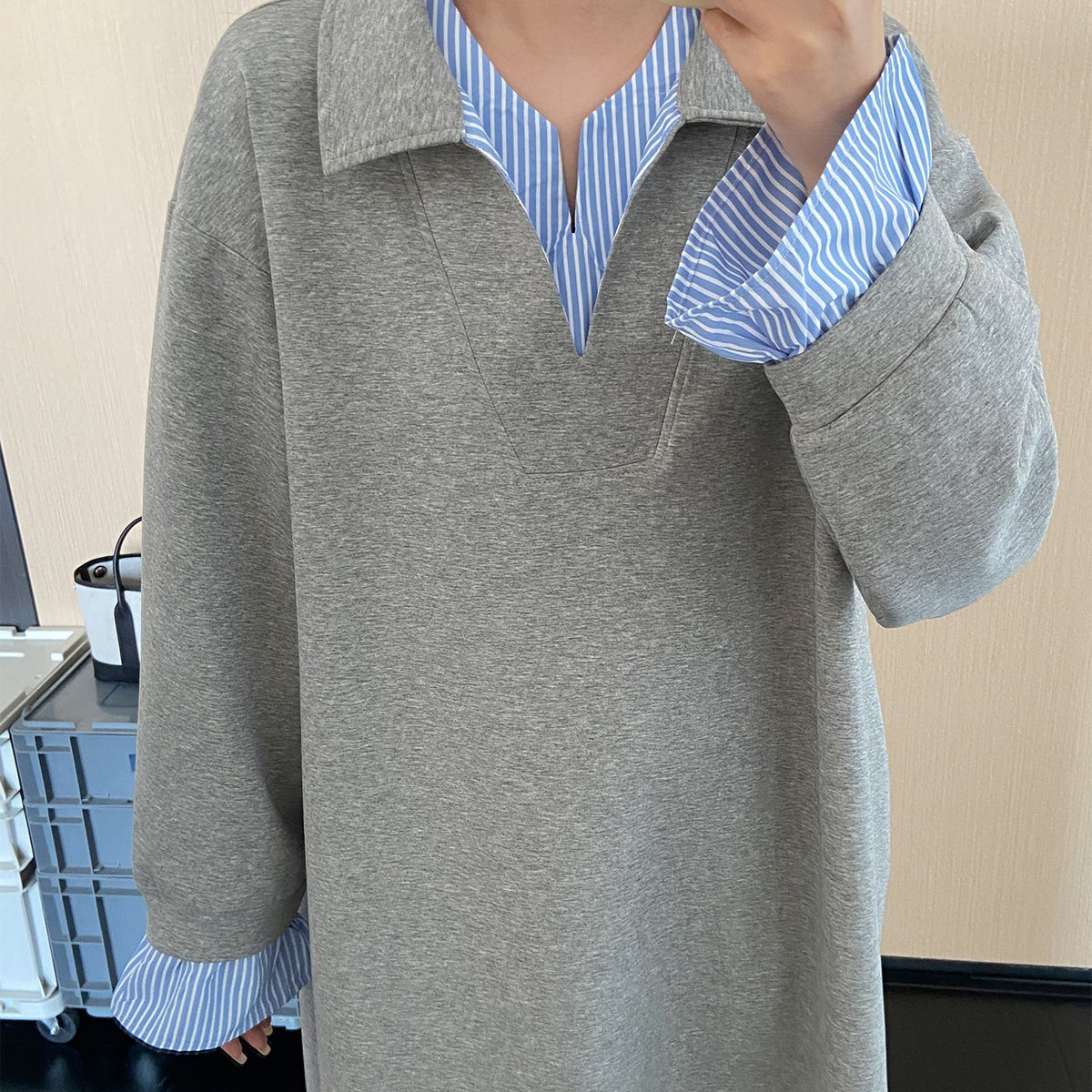 【ワンピース】韓国風フェイクレイヤードワンピース レディース 秋新作 ストライプ シャツカラー ゆったり ロング丈【JZシリーズ】