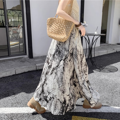 【ボトムス】ハイウエスト レトロ水墨柄 フレアロングスカート Aライン シフォンスカート【SHシリーズ】
