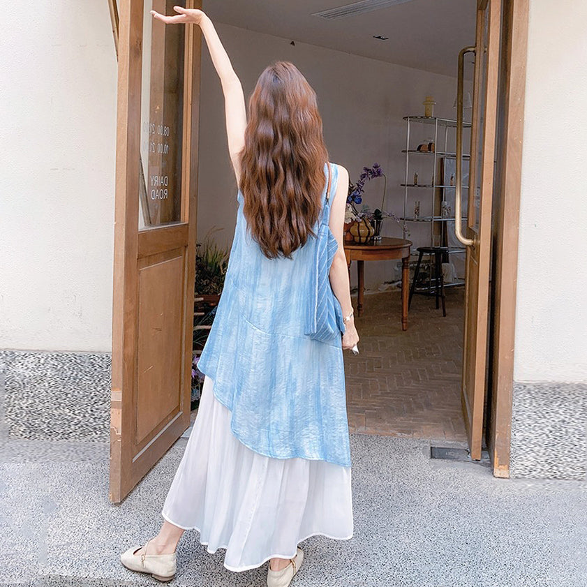 【ワンピース】夏 レディース ブルータイダイ ノースリーブ ワンピース 配色 染め柄 大人可愛い 体型カバー ファッション【SHシリーズ】