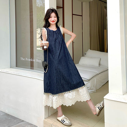 【ワンピース】夏新作 韓国風 ヴィンテージ風 スリム見え レーストリム ノースリーブ 切り替え デザイン ベストワンピース【JZシリーズ】