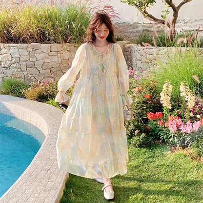 【ワンピース】超かわいい バタフライプリント ワンピース 春夏 ムード感たっぷり ハイウエスト 日焼け防止 ロングドレス【SHシリーズ】