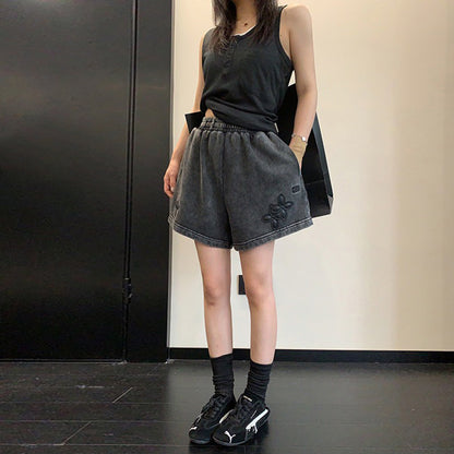 【ボトムス】アメリカンヴィンテージ ダメージ加工 ワッペン刺繍  ハーフパンツ ルーズ カジュアル ストリート【FCシリーズ】