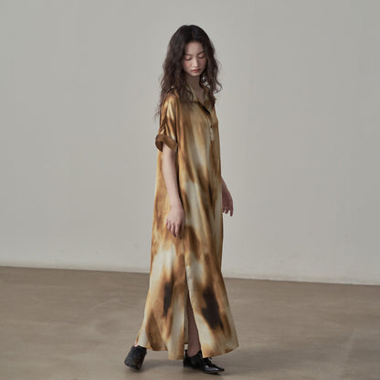 【ワンピース】新中式プリント 気品あるフィット感 ロング丈 半袖 シャツワンピース【SHシリーズ】