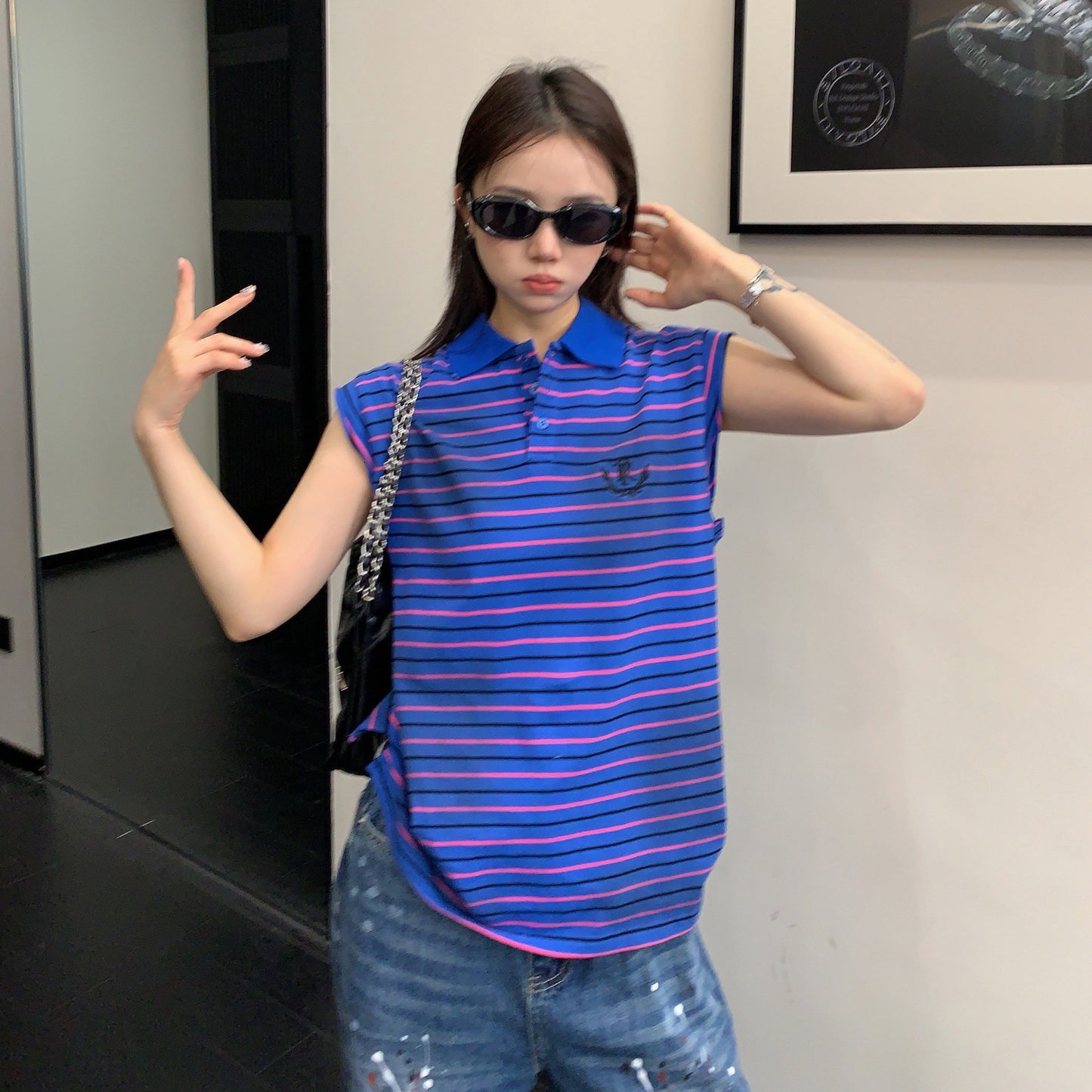 【トップス】アメリカンレトロ ボーダー柄 ポロカラーノースリーブTシャツ レディース カジュアル ストリート系 こなれ感【FCシリーズ】