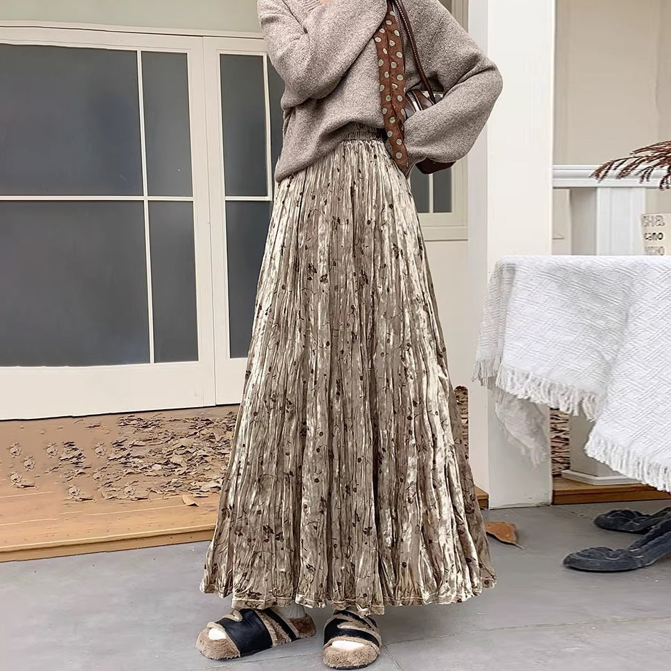 【ボトムス】レトロ 花柄 ベルベット プリーツスカート 秋冬 Aライン ヒップカバー すっきり見え エレガント ロング丈【SHシリーズ】