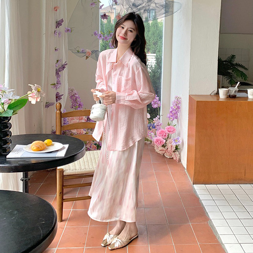2点セット！【セットアップ】リゾート風 ピンクシャツ＋ノースリーブワンピース セットアップ レディース  優しげ雰囲気 おしゃれ映え【SHシリーズ】