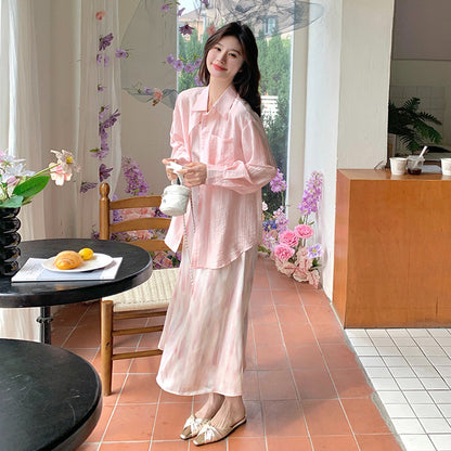 2点セット！【セットアップ】リゾート風 ピンクシャツ＋ノースリーブワンピース セットアップ レディース  優しげ雰囲気 おしゃれ映え【SHシリーズ】