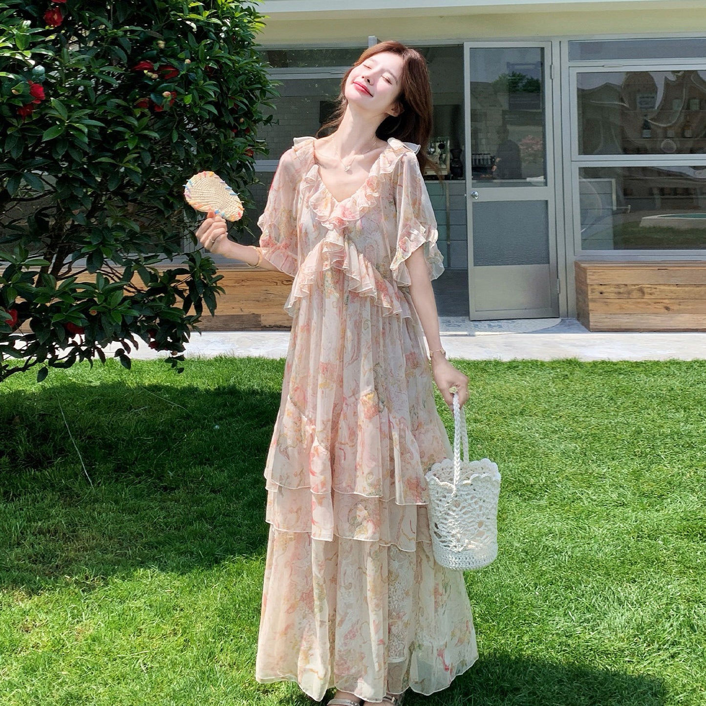 【ワンピース】大人可愛い 花柄ワンピース レディース 夏 ハイウエスト ロング丈 リゾート風 体型カバー 美シルエット【SHシリーズ】