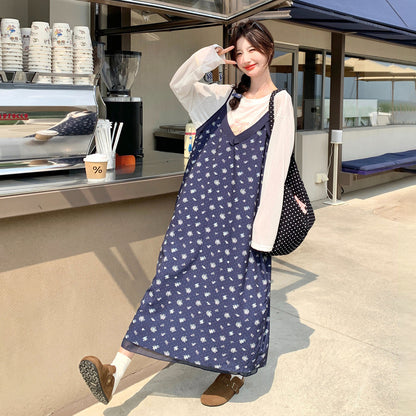 2点セット！【セットアップ】花柄キャミワンピース＆Tシャツ2点セット レディース ロング丈 ゆったり カジュアル 秋コーデ【SHシリーズ】