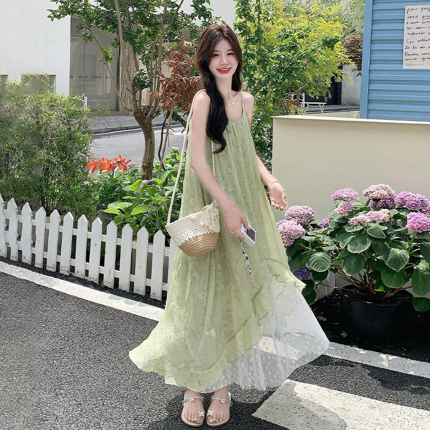 【ワンピース】グリーン ダブルレイヤー 小花柄 キャミワンピース 夏 レディース フェミニン リゾートワンピ【SHシリーズ】