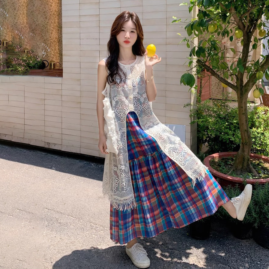 2点セット！【セットアップ】夏新作 レトロ感漂う メッシュカーディガン＋チェックキャミワンピース 重ね着2点セット【SHシリーズ】