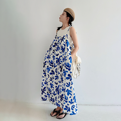 【ワンピース】リゾート風 ブルー花柄ワンピース レディース 夏 キャミワンピ ロング丈 ノースリーブ 大人上品 フェミニン【SHシリーズ】【15～20日内発送】