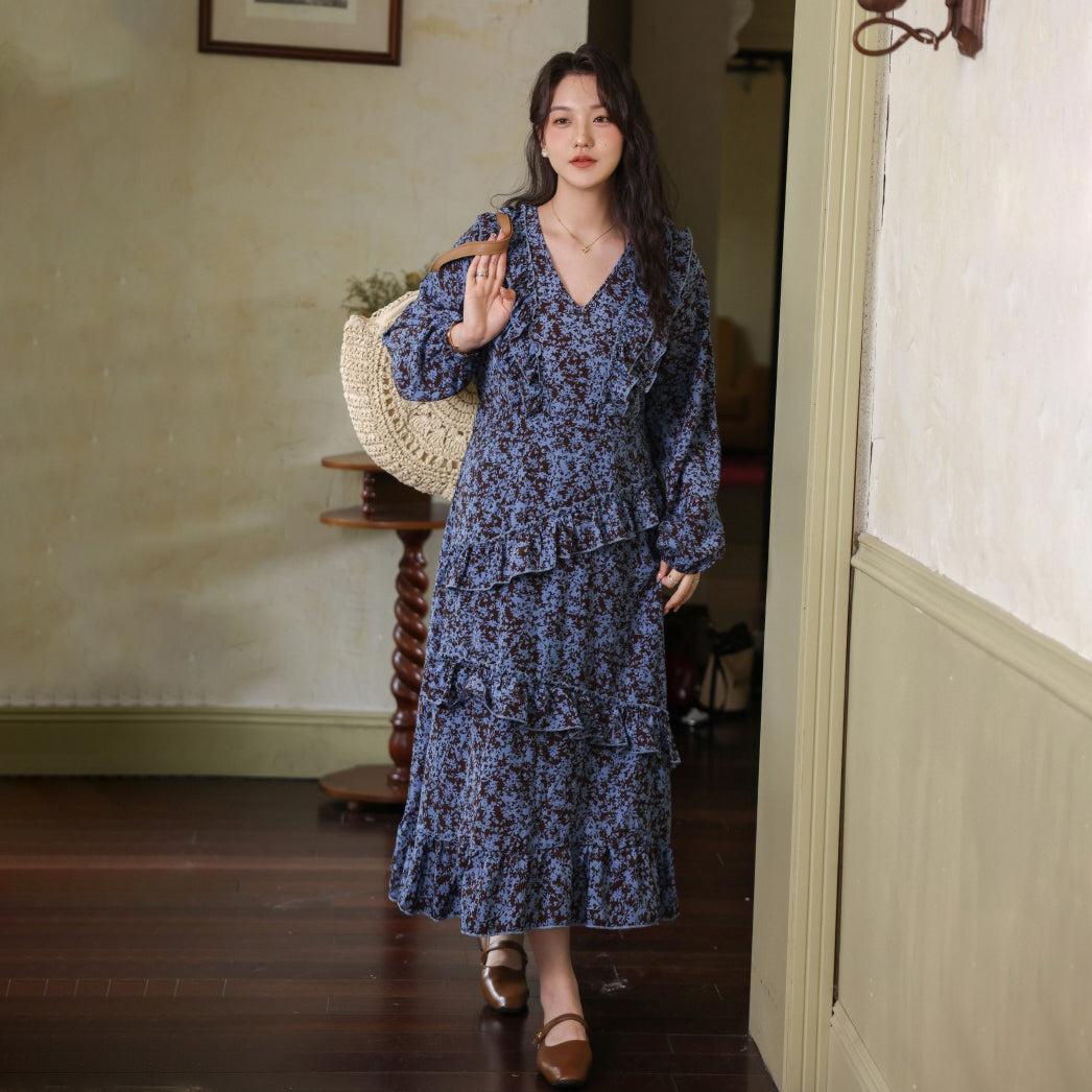 【ワンピース】2025秋新作 Vネック花柄 長袖ワンピース 体型カバー ゆったり細見え【SHシリーズ】