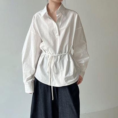 【トップス】韓国風 ポロカラー シャツ レディース 2025秋新作 ウエストリボン 美シルエット レトロブラウス【SNシリーズ】